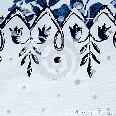 Vintage white and blue cotton fabric with floral pattern Stock Photo