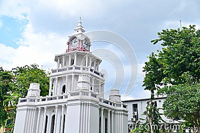 Vintage White Clock Tower in Old Town Bangkok Editorial Stock Photo