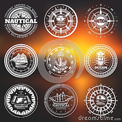 Vintage White Nautical Round Labels Vector Illustration