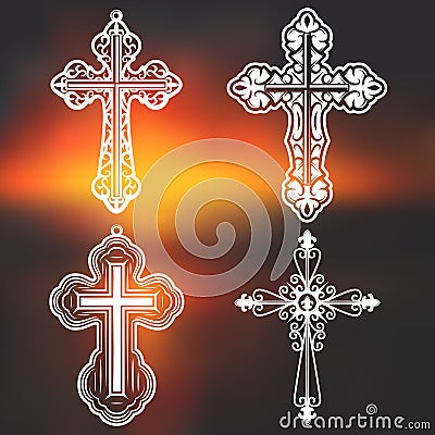 Vintage White Ornate Religious Crosses Collection Vector Illustration