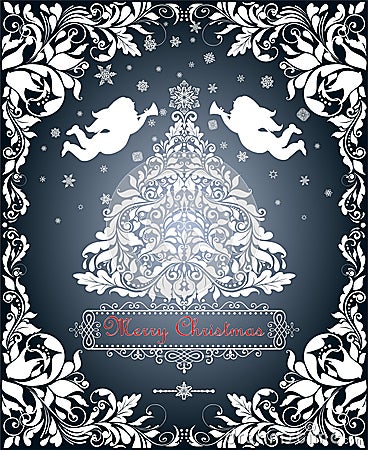 Vintage white paper cutting with Christmas cut out fir tree, snowflakes, angels and decorated floral border Vector Illustration