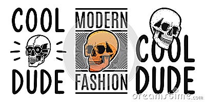 Vintage white skull. Retro print for t-shirt. Set of skulls. Vector Illustration