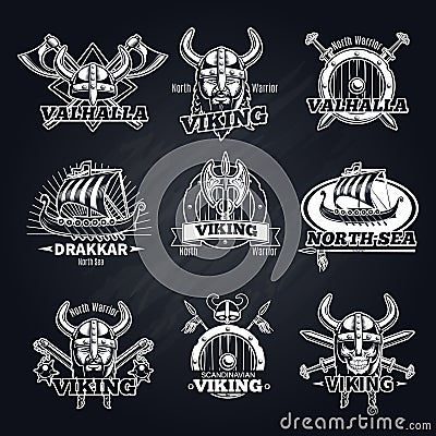 Vintage White Viking Emblems Set Vector Illustration