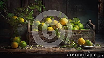 Vintage wicker basket filled with ripe lemons. Stock Photo