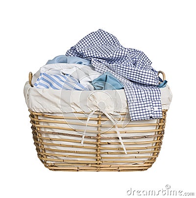 Vintage wicker basket with laundry isolated on white background Stock Photo