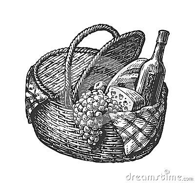 Vintage wicker picnic hamper or basket with food such as bottle of wine, cheese, bunch grapes, loaf. Sketch vector Vector Illustration