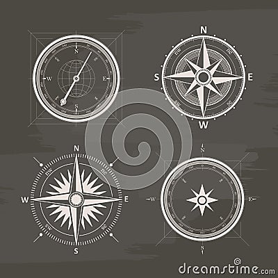 Vintage wind rose compasses in set. vector chalk drawn Vector Illustration