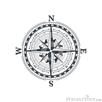 Vintage wind rose symbol, classic compass icon on white Vector Illustration