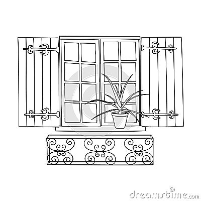 Vintage window with blooming flowers Vector Illustration