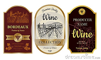 Vintage wine labels. Alcohol badges with pictures of vineyard chateau village bordeaux labels vector collection Vector Illustration