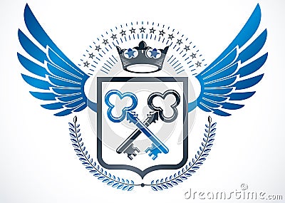 Vintage winged emblem created in vector heraldic design and comp Vector Illustration