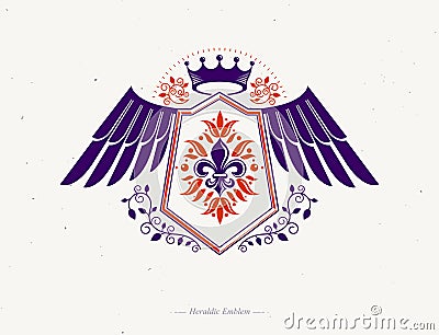 Vintage winged heraldry design template, vector emblem created using lily flower royal symbol Vector Illustration