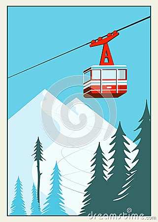 Vintage Winter cartoon background, poster. Red ski Lift Gondolas moving Vector Illustration