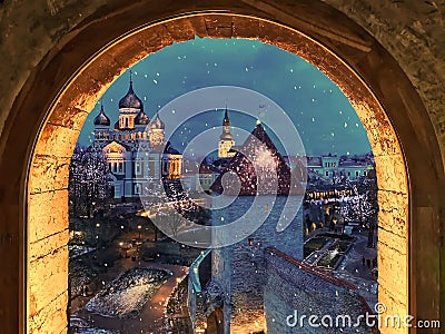 Winter Europe Estonia Tallinn medieval towers view from window at old town cafedral Aleksandr Nevskiy panor Stock Photo