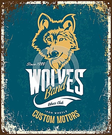 Vintage wolf custom motors club t-shirt vector logo on blue background. Vector Illustration