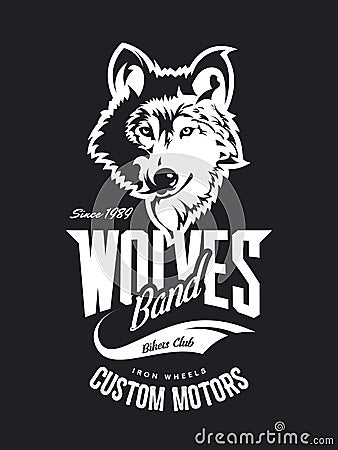 Vintage wolf custom motors club t-shirt vector logo on dark background. Vector Illustration