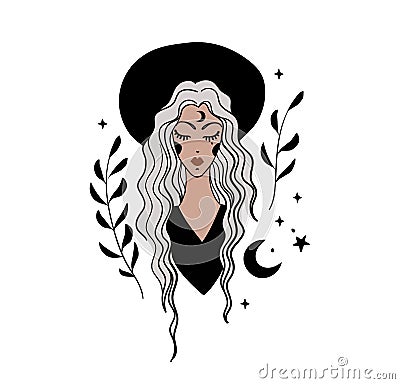 Vintage woman portrait, hipster girl, boho tattoo for witch. Bohemian vintage line illustration, female face icon Vector Illustration