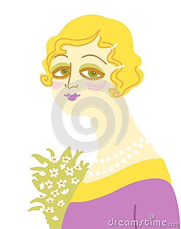 Vintage woman portrait in 1920s style fashion with flowers. Vector retro style flapper girl with blondy hairdo and beads isolated Vector Illustration