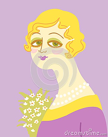 Vintage woman portrait in 1920s style fashion with flowers. Vector retro style flapper girl with blondy hairdo and beads Vector Illustration