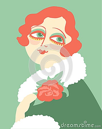 Vintage woman portrait in 1920s style fashion with red flower in hand. Vector retro style flapper girl with red hairdo Vector Illustration