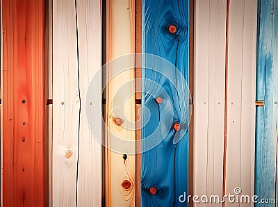 Vintage Wood Boards Texture with Cracked White, Red, Green, and Blue Paint. Stock Photo