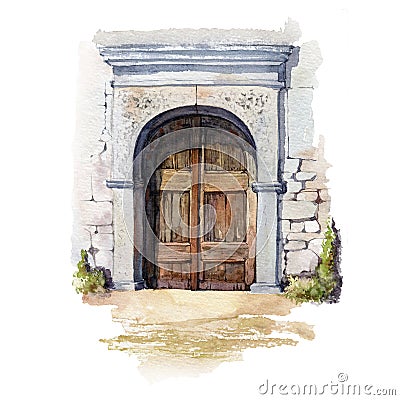 Vintage wood door watercolor image. Old rustic entrance in stone house. Architecture aged detail realistic illustration Cartoon Illustration
