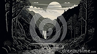 Vintage Woodcut Illustration Serene Valley With Waterfall Stock Photo