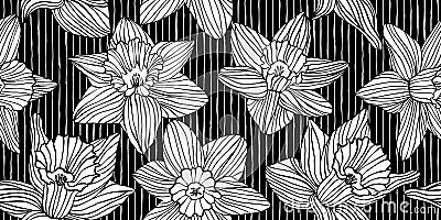 Vintage woodcut white daffodil flower silhouettes on black pinstripes background seamless pattern Stock Photo