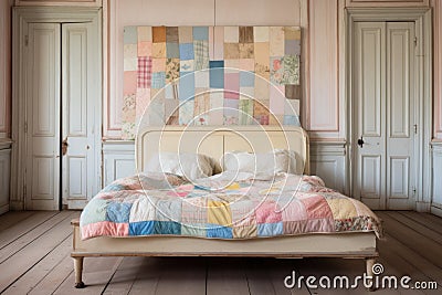 a vintage wooden bed with a pastel-colored patchwork quilt Stock Photo