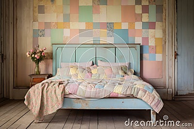 a vintage wooden bed with a pastel-colored patchwork quilt Stock Photo