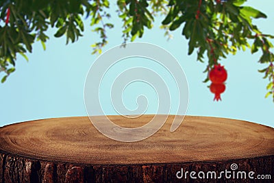 vintage wooden board table in front of dreamy pomegranate tree. Stock Photo