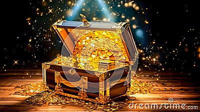 vintage wooden chest with gold coin on table with shinny gold Stock Photo