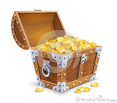 Vintage wooden chest with golden coin Vector Illustration