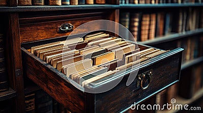 A vintage wooden drawer packed with neatly ordered folders, displaying a nostalgic filing system. A detailed image of Stock Photo