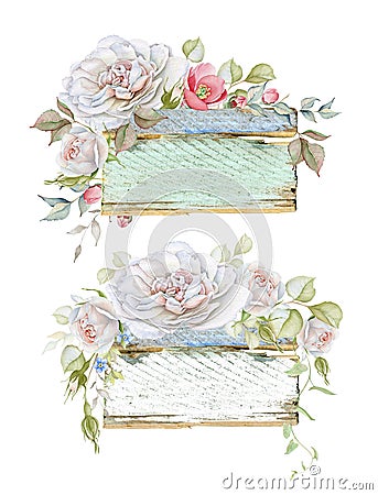 Vintage Wooden Frames with Rose Bouquets Stock Photo