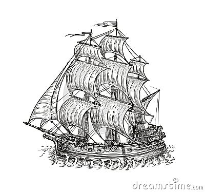 Vintage wooden ship with sails. Navigation sketch vector illustration Vector Illustration