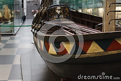 Vintage wooden stern close up, boat of Peter the Great in a museum Editorial Stock Photo