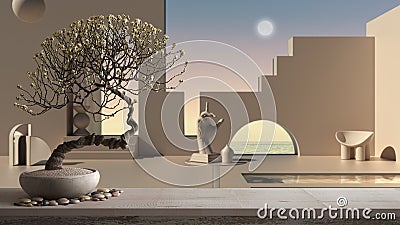 Vintage wooden table shelf with pebble and potted bloom bonsai, white flowers, over dreamlike empty space, exterior terrace, Stock Photo