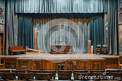 Vintage Wooden Theater Stage with Curtains and Audience Seating Ready for Performance Stock Photo