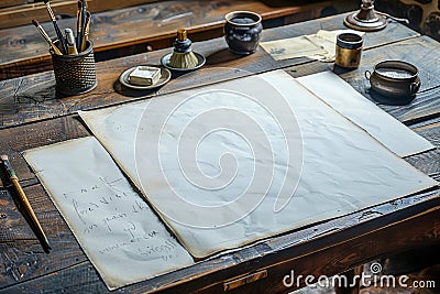 Vintage Wooden Writing Desk with Blank Paper, Ink Pots, Quills, and Ancient Ceramic Bowls in a Rustic Setting Stock Photo