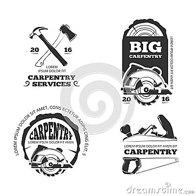 Vintage woodwork, sawmill vector labels, logos, badges and emblems Vector Illustration