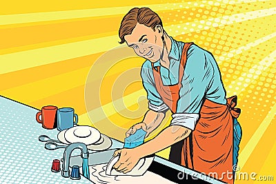 Vintage worker washes dishes Vector Illustration