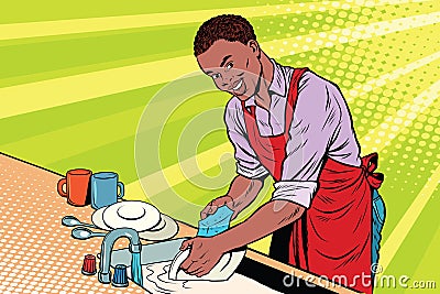 Vintage worker washes dishes Vector Illustration