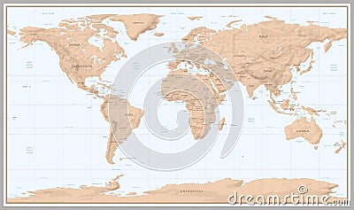 Vintage world map. Retro countries boundaries on topographic or marine map. Old continents navigation maps vector Vector Illustration