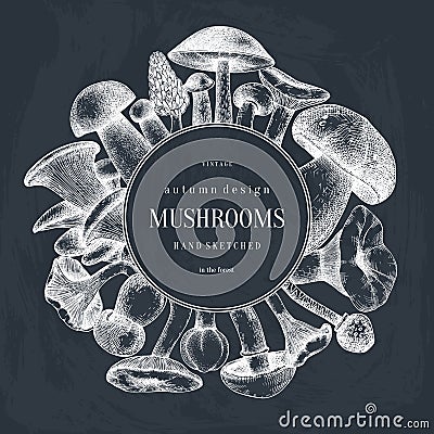 Vintage wreath design with hand drawn mushrooms. Autumn forest vector background. Perfect for recipe, menu, label, icon, packaging Vector Illustration