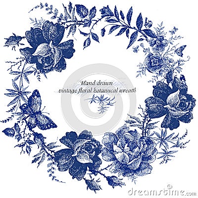 Vintage wreath design with retro roses flower graphic. Fairytale forest. hand drawn flower line illustration. Cartoon Illustration