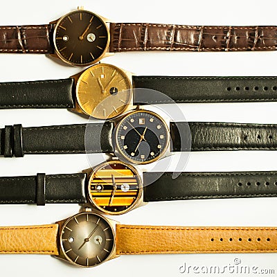 Vintage wrist watches on white background. Stock Photo