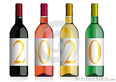 The 2019 vintage is written on four bottles of wines of different colors Stock Photo