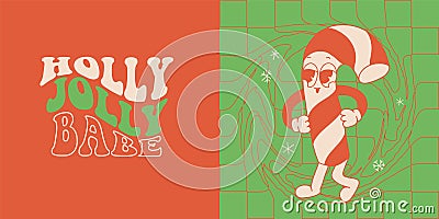 Vintage xmas duotone cards. 60s retro cartoon character of striped candy cane. Groovy quote Holly Jolly babe for Advent Vector Illustration