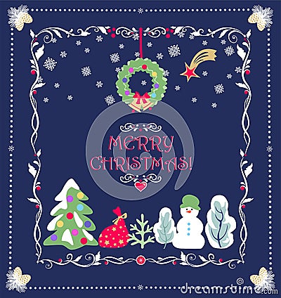 Vintage Xmas navy blue greeting handmade childish card with snowman, present, snowy tree, hanging wreath with baubles, Christmas s Stock Photo